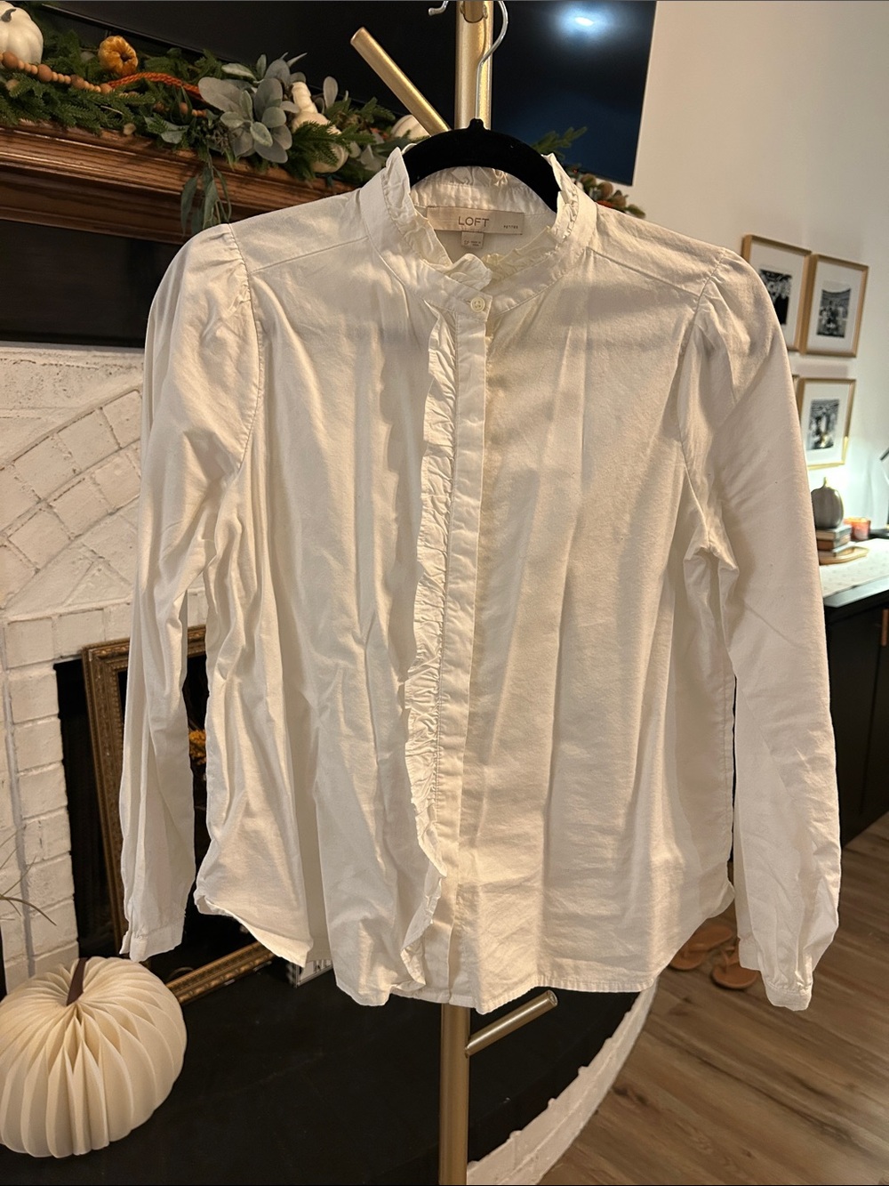 LOFT White Ruffle-Front Long Sleeve Shirt